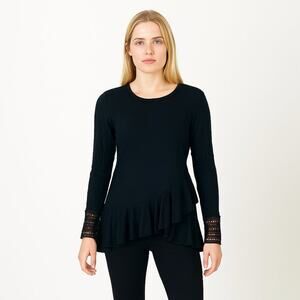 2/$30 Filly Flair Ruffle Lace Trim Asymmetric Blouse Black Medium #A0372 TRB2